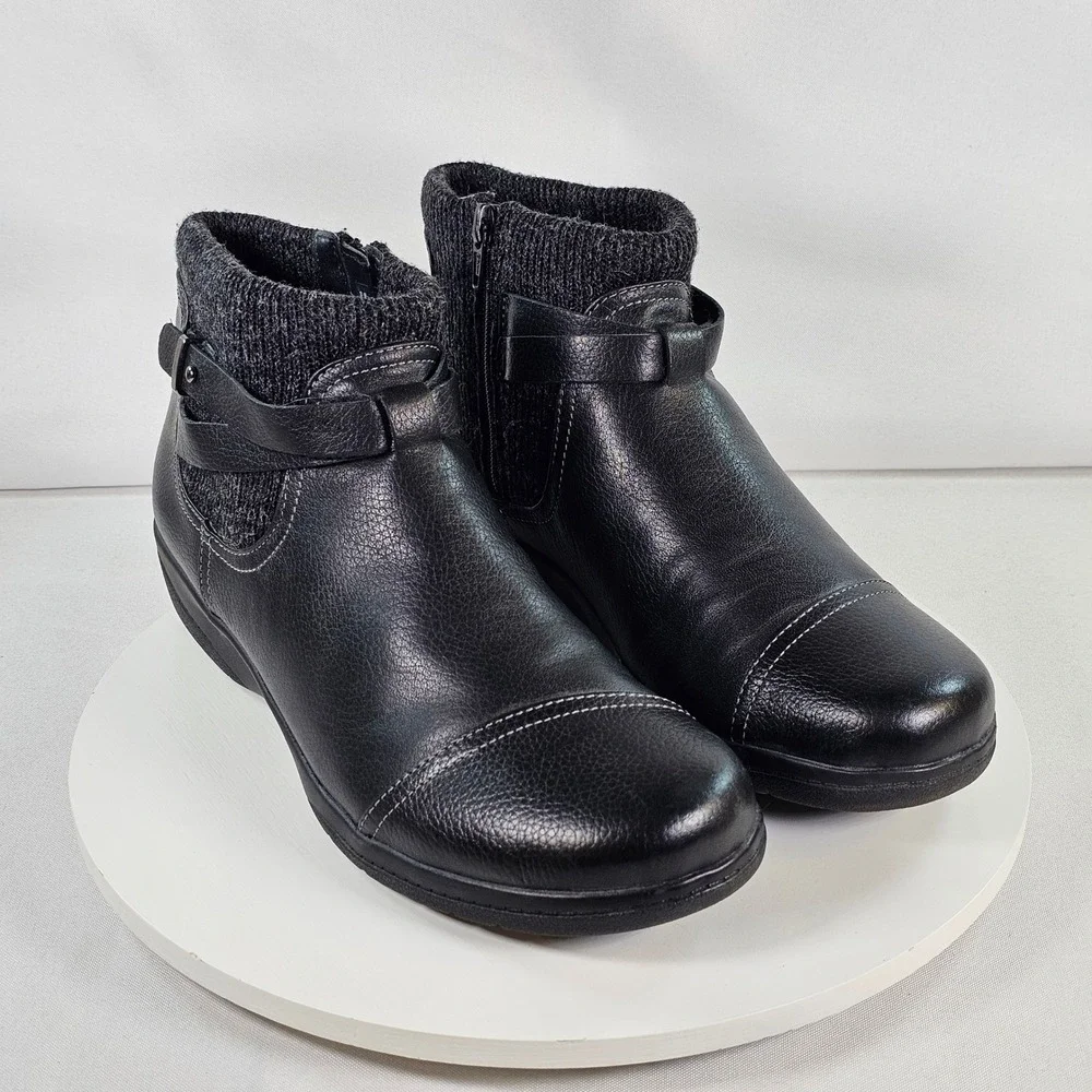 Clarks‎ Womens Black Leather Knit Collar Ankle Boots Size 10 M 261452674075